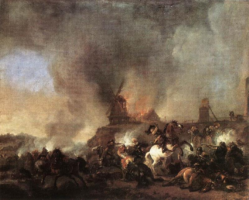 WOUWERMAN, Philips Cavalry Battle in front of a Burning Mill tfur France oil painting art